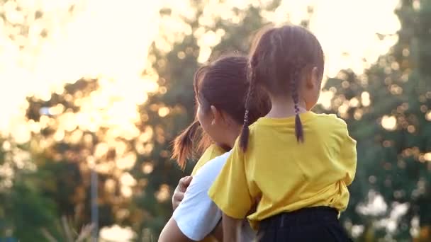 夏天的公园里 快乐的妈妈在草坪上笑着拥抱她的小女儿 全家人都花时间在一起度假 — 图库视频影像