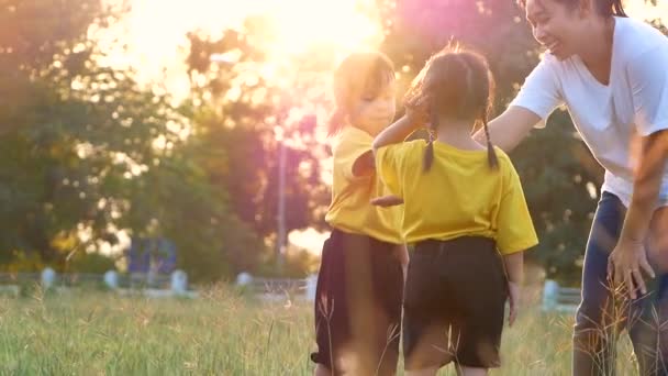 快乐的母亲和她的女儿在夏日公园的草坪上玩耍和欢笑 全家人都花时间在一起度假 — 图库视频影像