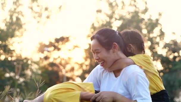 Mãe Feliz Suas Filhas Brincando Rindo Gramado Parque Verão Família — Vídeo de Stock