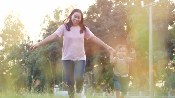 Mãe Feliz Suas Filhas Brincando Rindo Gramado Parque Verão Família — Vídeo de Stock