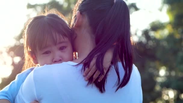Anya Vigasztalja Ölelgeti Síró Kislányát Egy Szabadtéri Parkban Szülői Szerep — Stock videók
