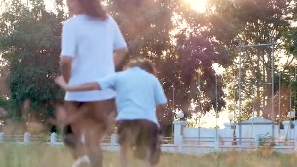 Duas Meninas Mãe Exercitando Juntos Parque Verão Livre Saúde Família — Vídeo de Stock