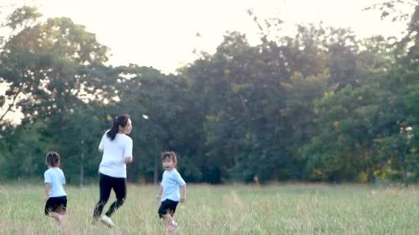 Dwie Małe Dziewczynki Matka Ćwiczące Razem Letnim Parku Świeżym Powietrzu — Wideo stockowe