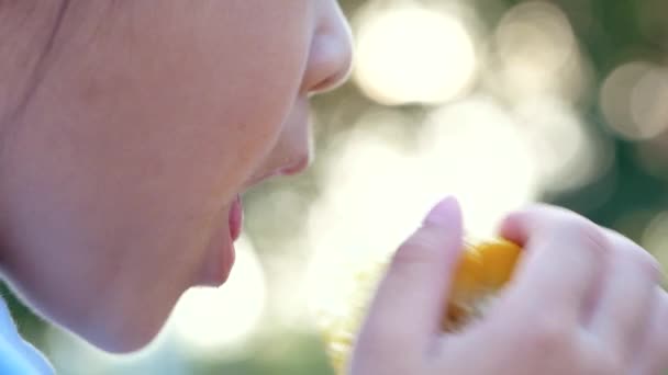 可爱的小女孩在公园的棒子上吃甜玉米 健康和素食 — 图库视频影像