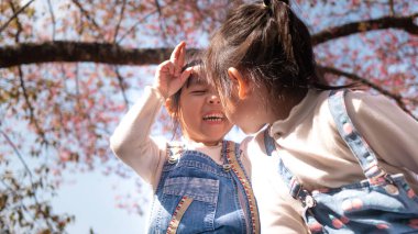 Mutlu iki kardeş kız kardeş baharda güneş ışığında parkta doğa ile eğleniyorlar..