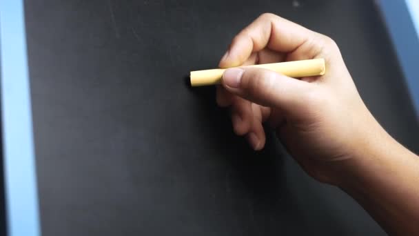 Close Woman Holding Chalk Writing Hello Blackboard — Stock Video