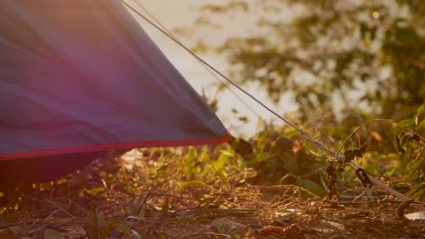 Blue Tourist Tent Mountains Nature Fog Moving Morning Travel Lifestyle — Stock Video