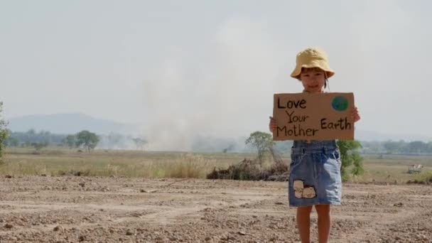 あなたの母なる地球を愛する ポスターを持っている小さな子供の女の子は フィールド内の大気汚染に抗議する兆候を示しています 世界環境デーのコンセプト 地球温暖化 — ストック動画