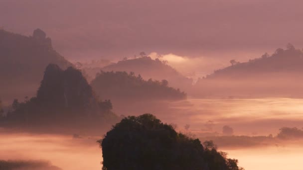 Vista Panorámica Hermosas Montañas Con Niebla Moviéndose Amanecer Mar Niebla — Vídeos de Stock