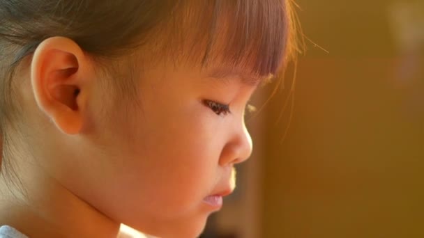 Cara Cerca Una Niña Linda Leyendo Libro Sienta Mesa Casa — Vídeo de stock