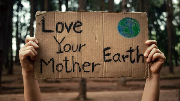 Ruku Držící Prapory Protestující Proti Znečištění Globálnímu Oteplování Lese Aby — Stock fotografie