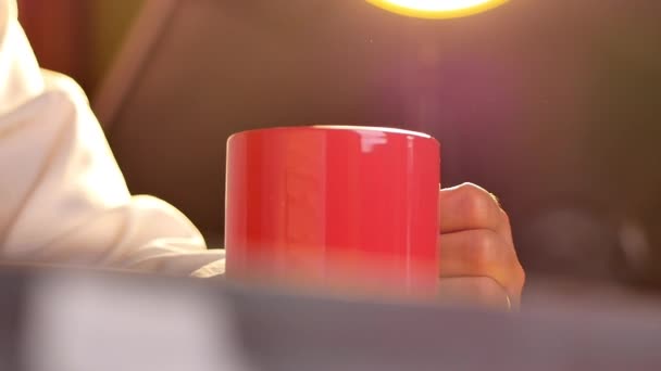 Evdeki Oturma Odasında Elinde Kırmızı Kupa Tutan Sıcak Kahve Içen — Stok video