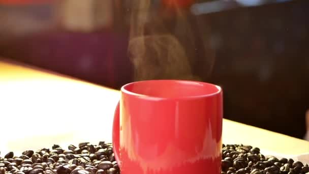 Kaffeetasse Mit Natürlichem Dampfrauch Von Kaffee Auf Frisch Gerösteten Kaffeebohnen — Stockvideo