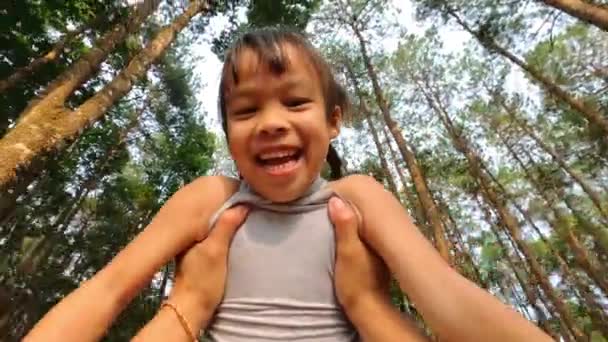 Szczęśliwy Ojciec Trzyma Małą Dziewczynkę Uśmiechniętą Bawiącą Się Latem Łonie — Wideo stockowe
