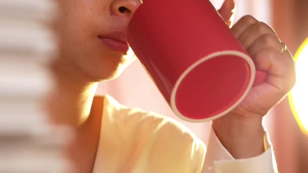 Sluiten Van Jonge Vrouwen Die Hete Koffie Drinken Woonkamer Thuis — Stockvideo