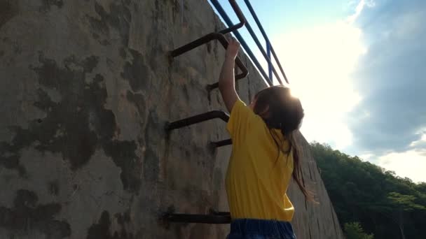 遊び場の金属製の階段を登る小さな女の子 幸せな子供時代のコンセプト — ストック動画