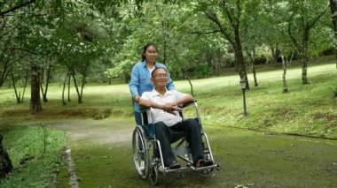 Büyükbabam tekerlekli sandalyede torunuyla parkta doğanın tadını çıkarıyor. Tatilde aile hayatı.