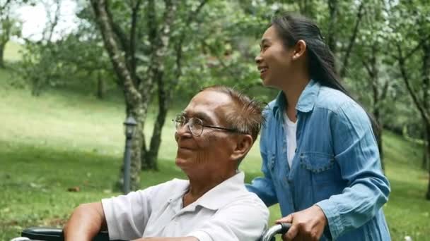 祖父坐在轮椅上 孙女在公园里享受大自然的美景 度假的家庭生活 — 图库视频影像