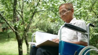 Tekerlekli sandalyede oturan ve yaz parkında kitap okuyan hoş bir kıdemli adam..