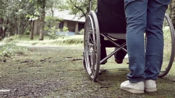 Zbliżenie Nogi Wnuczki Pcha Dziadka Wózku Inwalidzkim Spacerując Wzdłuż Drogi — Wideo stockowe