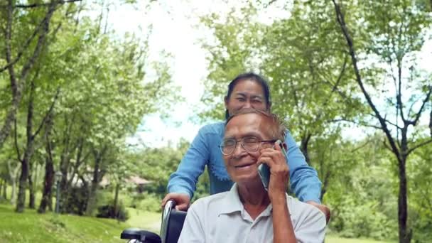 Torunu Parkta Tekerlekli Sandalye Iterken Neşeli Engelli Bir Adam Akıllı — Stok video