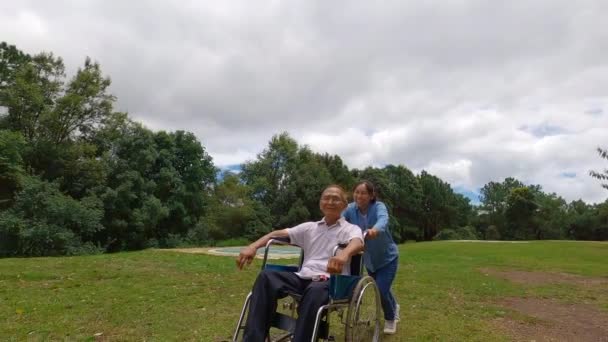 Feliz Abuelo Sonriente Silla Ruedas Relajándose Con Los Brazos Levantados — Vídeos de Stock