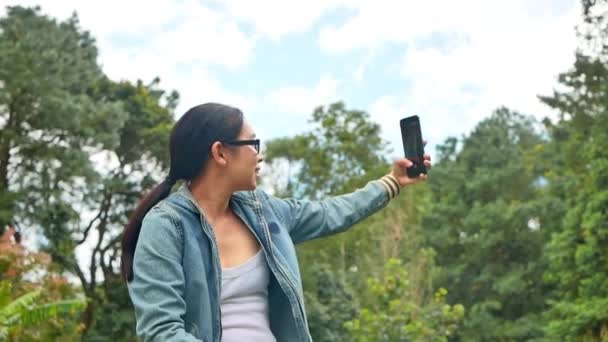 관광객 공원에서 친구들 스마트폰으로 이야기하는 통화를 행복의 — 비디오