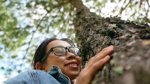 Una Mujer Feliz Está Pie Cerca Del Majestuoso Árbol Abraza — Vídeos de Stock