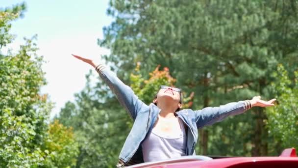 Neşeli Kadın Kollarını Arabanın Çatısına Parlak Gökyüzünün Altına Dağlarda Gezintide — Stok video