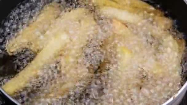 Zbliżenie Frytki Smażenie Frytkownicy Gorącym Oleju Piecu Elektrycznym Kuchni Robiąc — Wideo stockowe