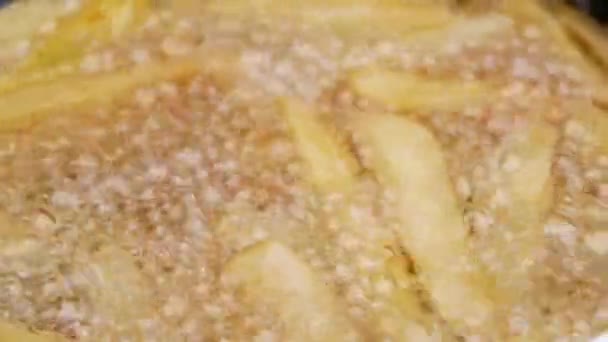 在厨房的电炉上用热油把炸薯条放在炸薯条里 做土制薯条 — 图库视频影像