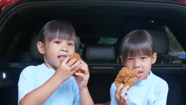 家族旅行中に休憩し 公園で車のトランクでフライドチキンを食べている2人の兄弟の女の子 Covid 19またはコロナウイルスからの配達サービスと社会的距離 — ストック動画