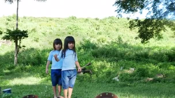 Dos Hermanas Caminando Sobre Viga Equilibrio Parque Los Niños Divierten — Vídeos de Stock