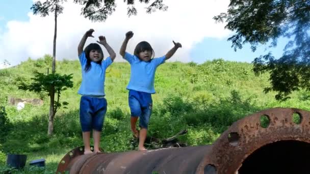 Duas Meninas Irmãs Andando Feixe Equilíbrio Parque Crianças Divertindo Com — Vídeo de Stock