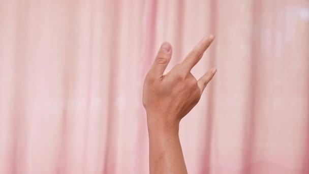 手を作る私はピンクの背景にあなたのシンボルを愛します 女性の手は手話で Love You と言う バレンタインデー — ストック動画