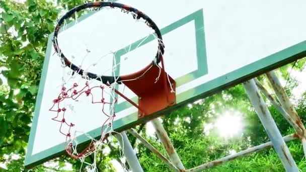 Basquete Aro Estádio Público Livre Luz Solar Brilhando Através Árvores — Vídeo de Stock