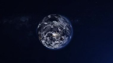 Uzaydan görülen Dünya 'nın animasyonu, karanlık arka planda dönen uydu görüntüsü. Şehir, gece ve gündüz değişiyor. (NASA tarafından desteklenen bu görüntünün elementleri )
