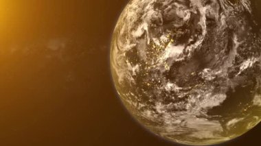 Uzaydan görülen Dünya 'nın animasyonu, karanlık arka planda dönen uydu görüntüsü. Dünya üzerinde güzel bir gün doğumu. (NASA tarafından desteklenen bu görüntünün elementleri )
