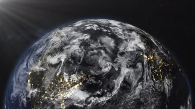 Uzaydan görülen Dünya 'nın animasyonu, karanlık arka planda dönen uydu görüntüsü. Şehir, gece ve gündüz değişiyor. (NASA tarafından desteklenen bu görüntünün elementleri )