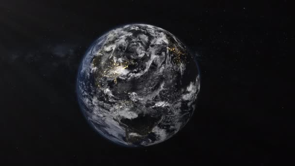 Анимирование Земли Видимой Космоса Земной Шар Вращающийся Спутниковом Фоне Ночью — стоковое видео
