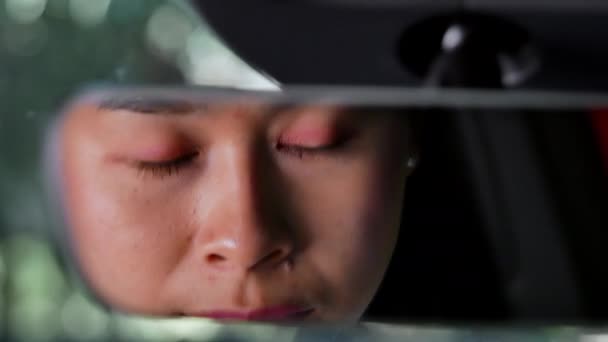 Bella Donna Dipinge Labbra Mentre Guarda Nello Specchio Retrovisore Auto — Video Stock