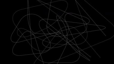 Siyah arkaplan üzerindeki soyut beyaz çizgi eğrileri minimal sanat tasarımı.
