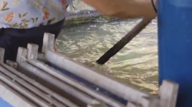 Geleneksel el yapımı dut kağıdı üretim süreci, zanaatkar Tayland 'da sudan kağıt hamuru kaldırıyor.