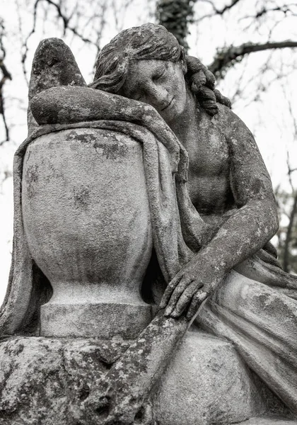 Woman angel crying in the cemetery. Death and suffering
