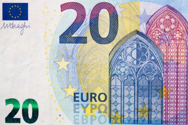20 avroluk banknotun küçük mavi detaylarla kapatılmış parçası