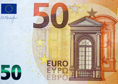 50 avroluk banknotun bir parçası. Kahverengi detaylarla yakın plan.