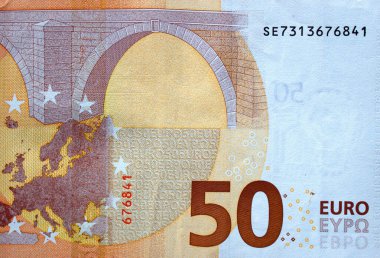 50 avroluk banknotun bir parçası. Kahverengi detaylarla yakın plan.