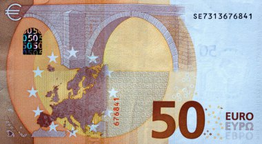 50 avroluk banknotun bir parçası. Kahverengi detaylarla yakın plan.