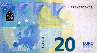20 avroluk banknotun küçük mavi detaylarla kapatılmış parçası