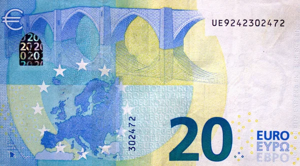 Τμήμα Τεμαχίου Τραπεζογραμματίου Των Ευρώ Που Κλείνει Μικρές Μπλε Λεπτομέρειες — Φωτογραφία Αρχείου